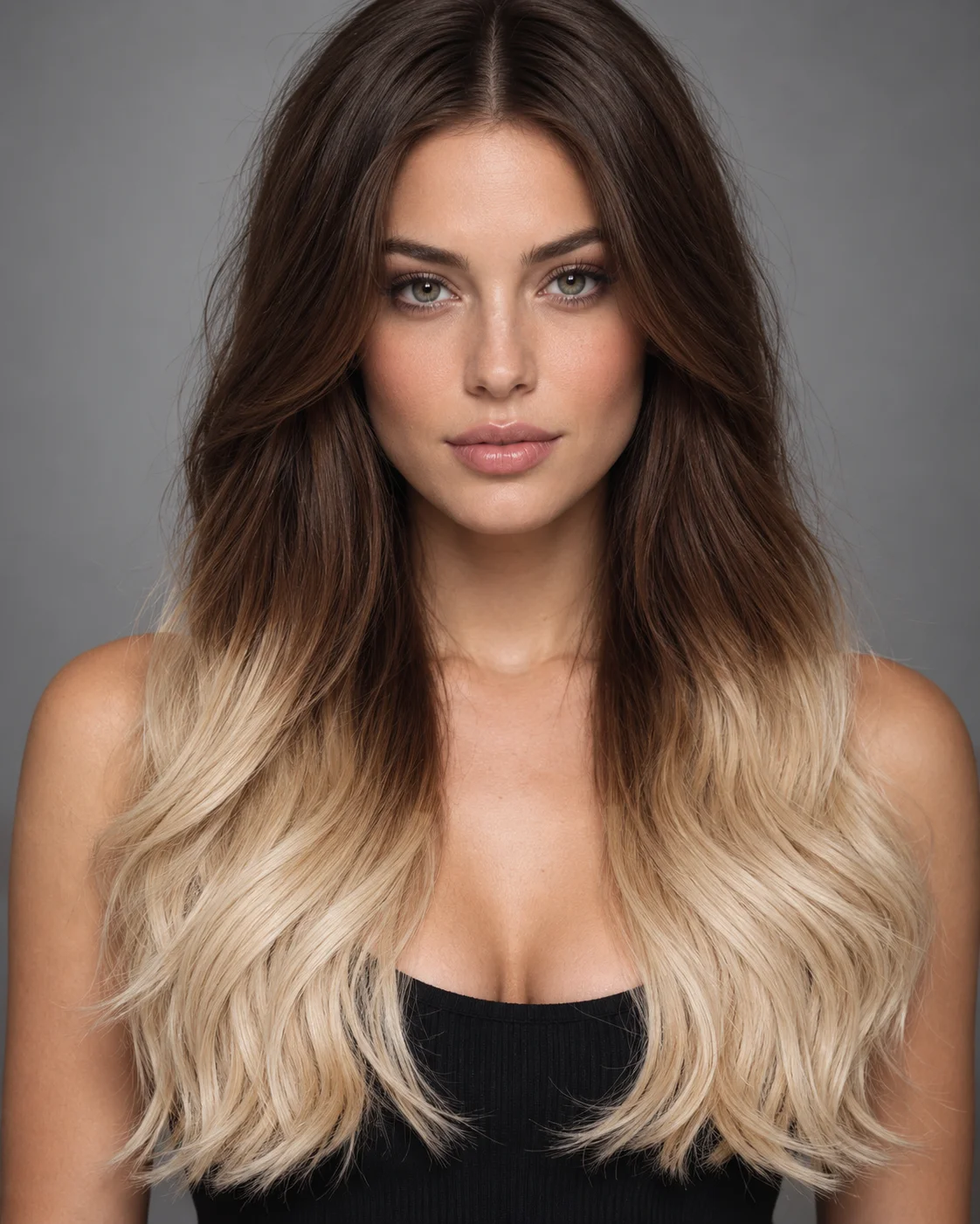 Ombre hår med mørke røtter og blonde lengder, lange bølger og myk naturlig tekstur.