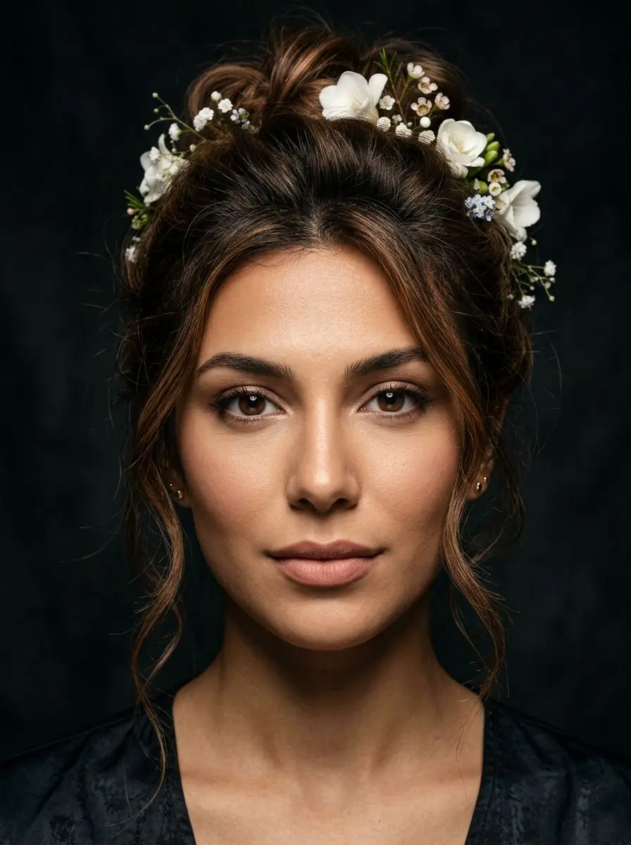 Oppsatt hår med blomsterkrans