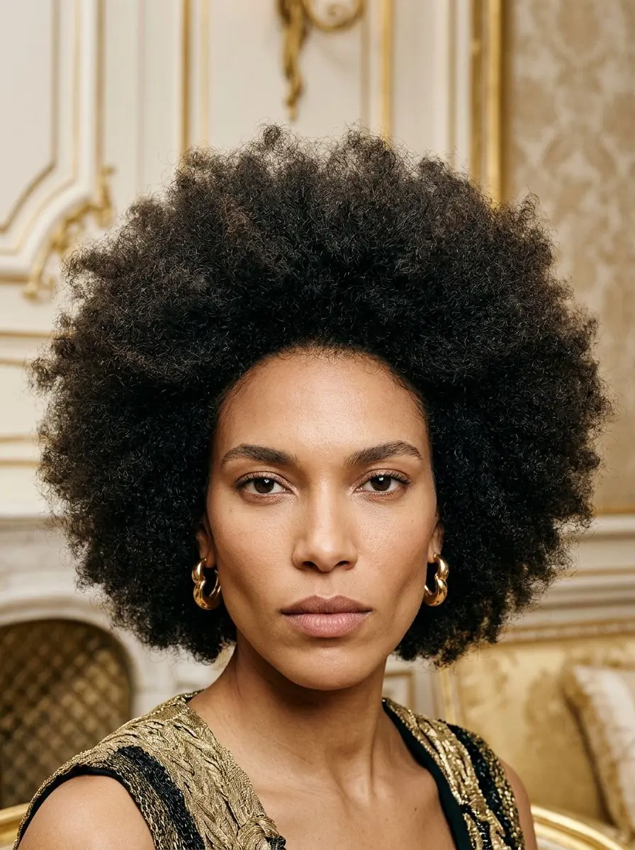 Kvinne med stor, naturlig afro med definert volum og tett tekstur.