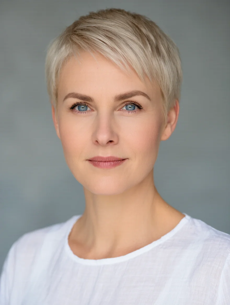 Platina pixie med kort fasong, stram sideseksjon og myk tekstur på toppen.