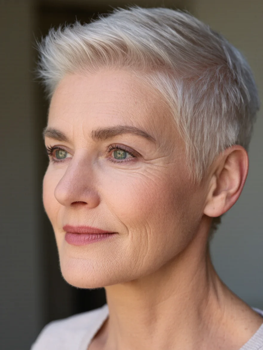 Pixie lysblond kort hår med lett struktur og løft, kort ved ørene og i nakken
