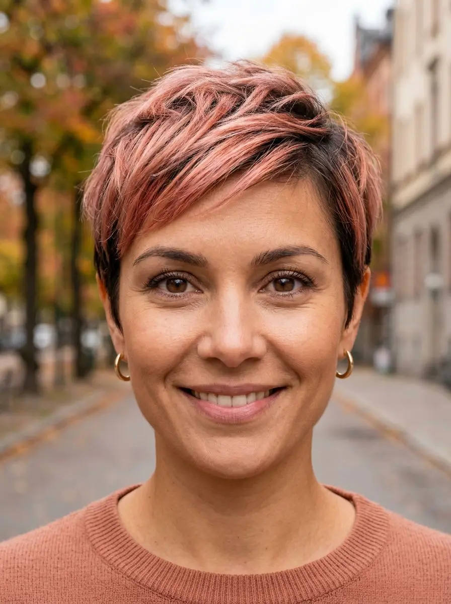Pixie-cut med rosa highlights