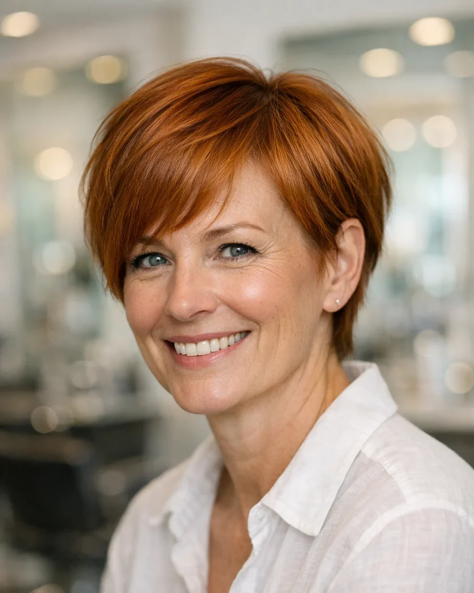 Pixie med sidesveipet lugg i kobber