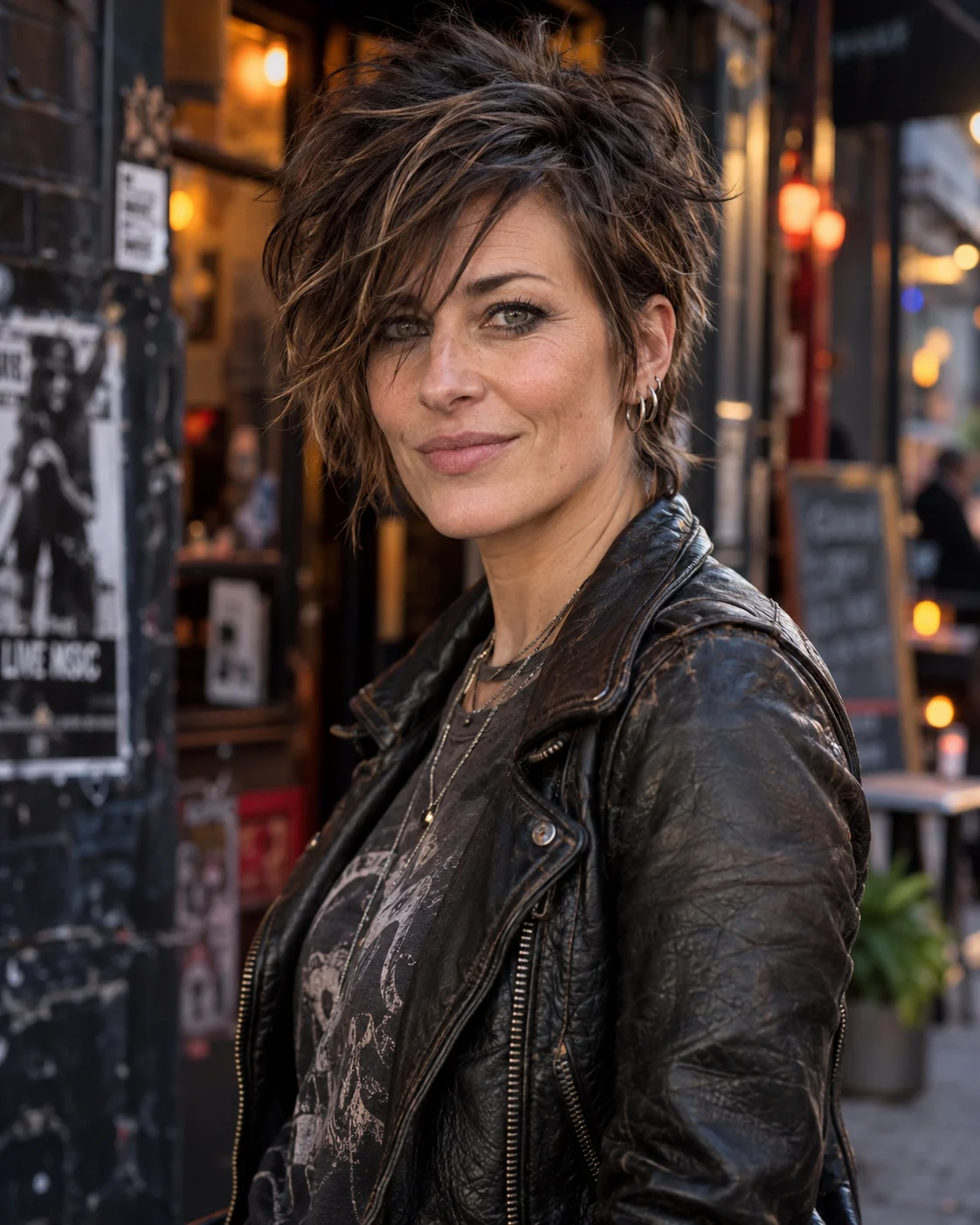 Pixie med shag-stil, brun farge, teksturert topp og kort klipp med rufsete finish.