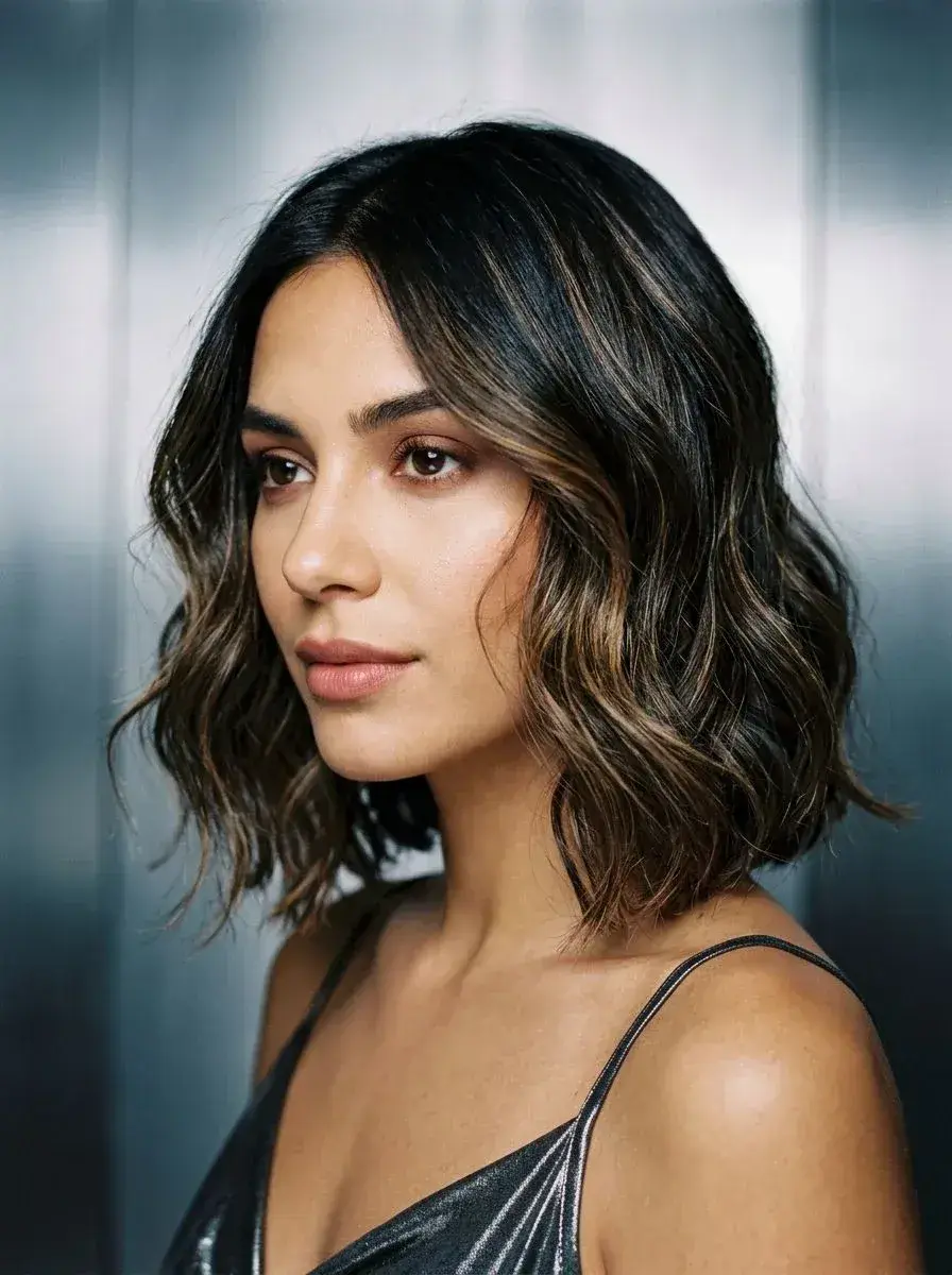 Kvinne med mørk brun lob til kragebein, karamell balayage, myke beach waves og midtskill.
