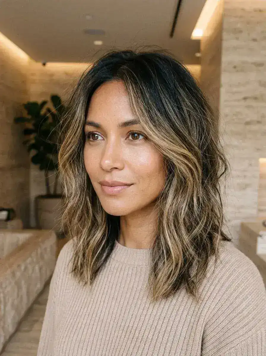 Skulderlang mørk lob med karamell balayage og myke beach waves, midtskill.