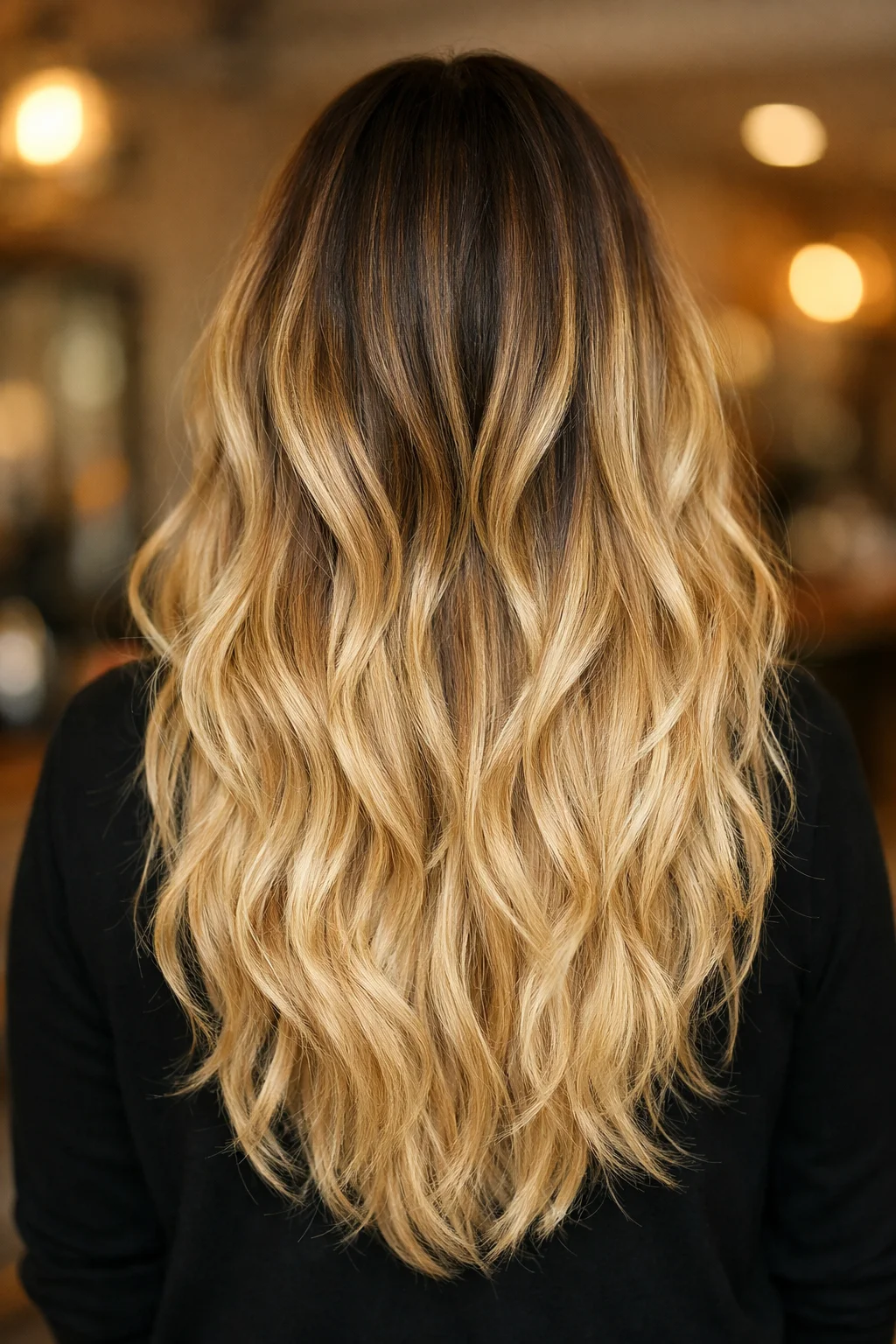 Reverse balayage med mørk rot som toner ut i blondt hår, sett bakfra