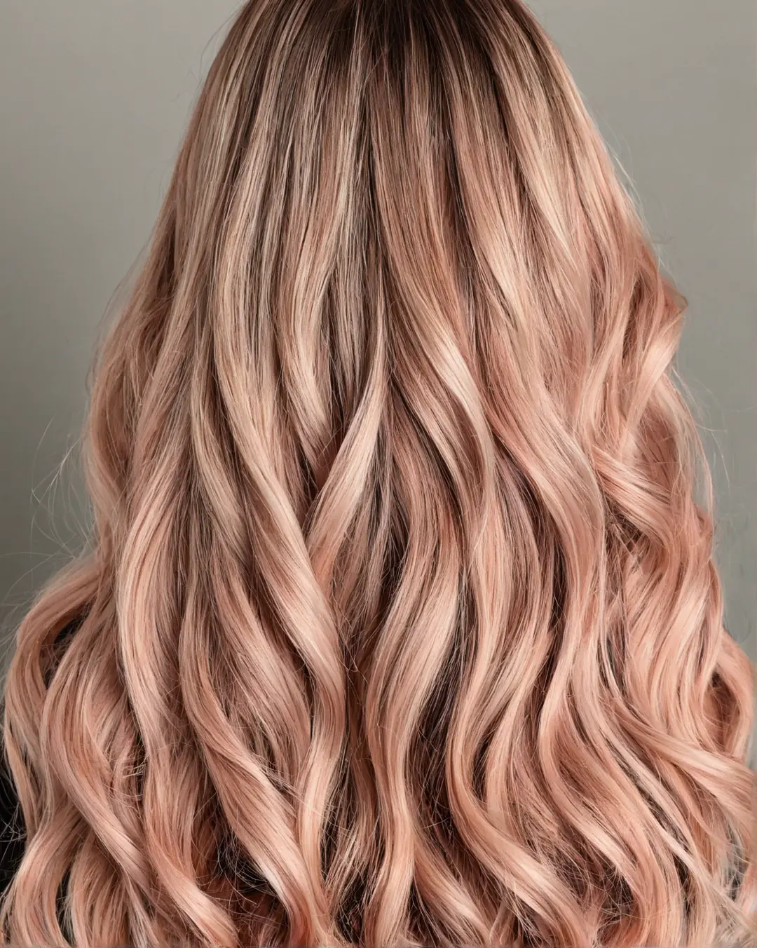 Dame med rosa balayage og løse beach waves, fotografert foran blomster