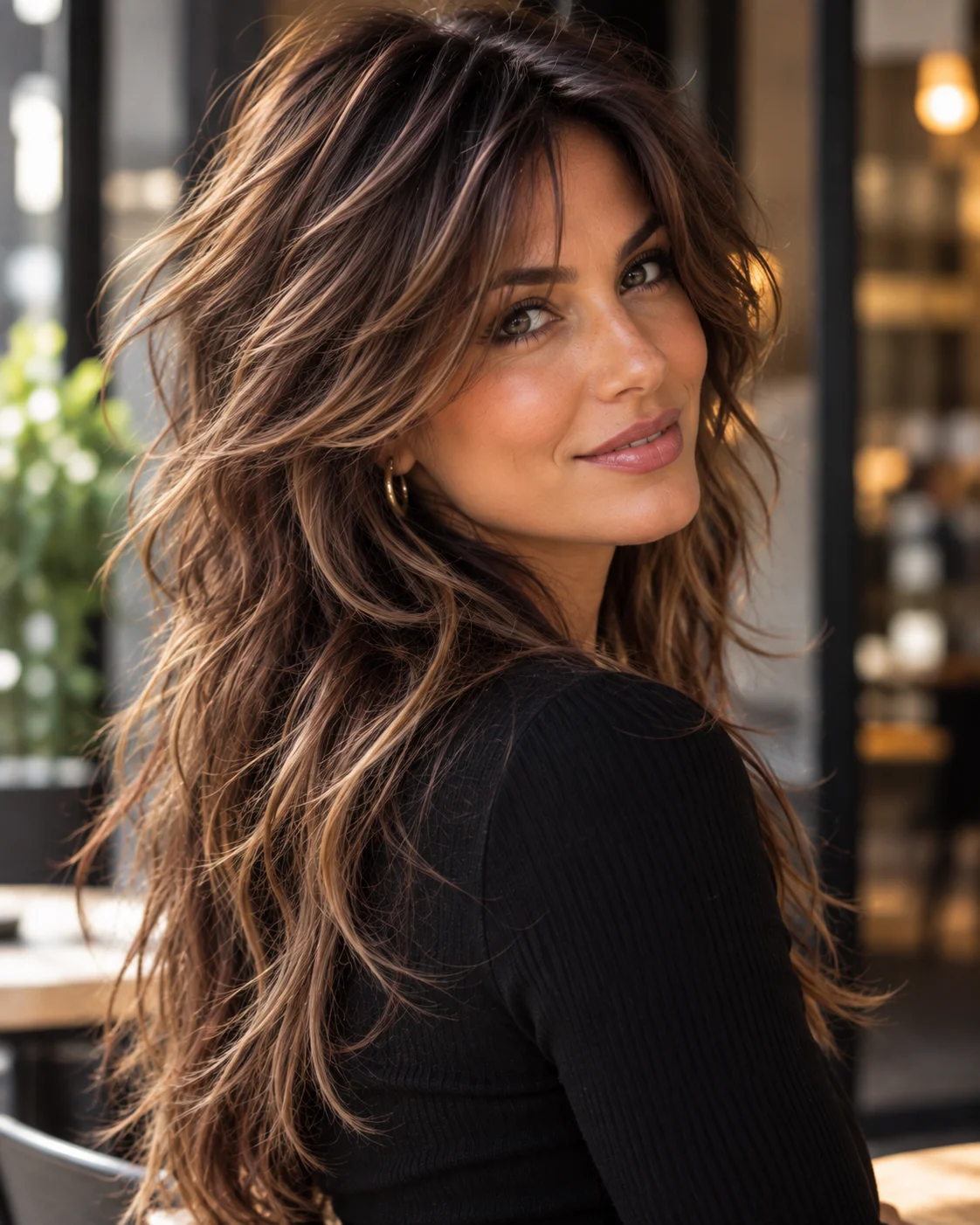 Lang brun shag med balayage og mye tekstur, løse bølger og ansiktsrammende layers.