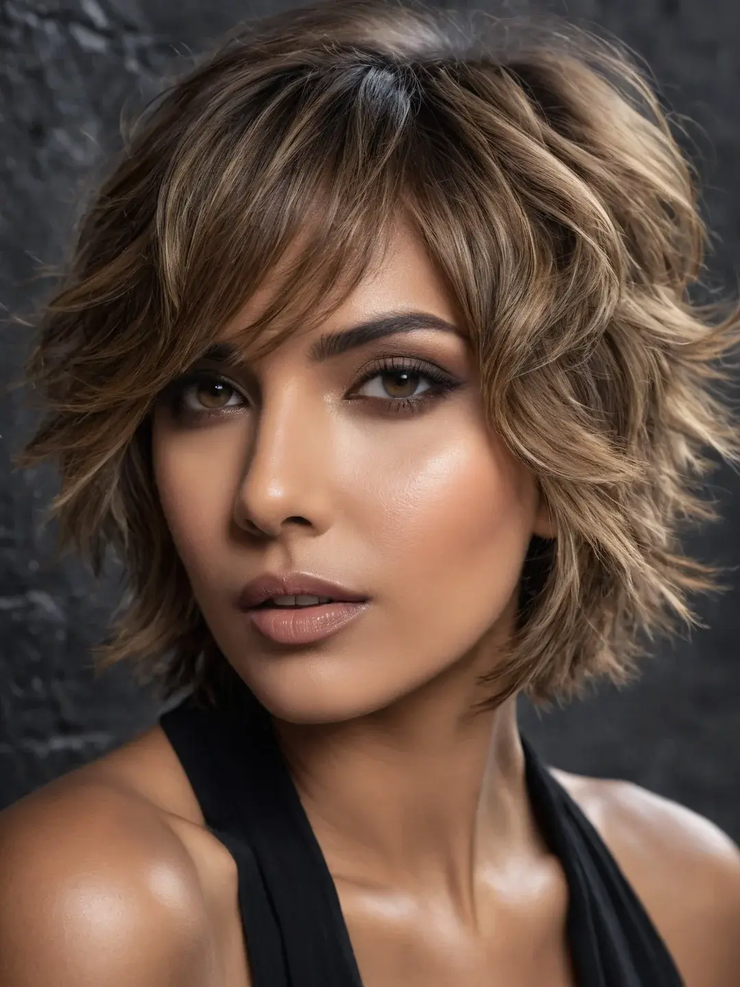 Halvlang shag bob med blond balayage og myk tekstur, volum og luftig finish.