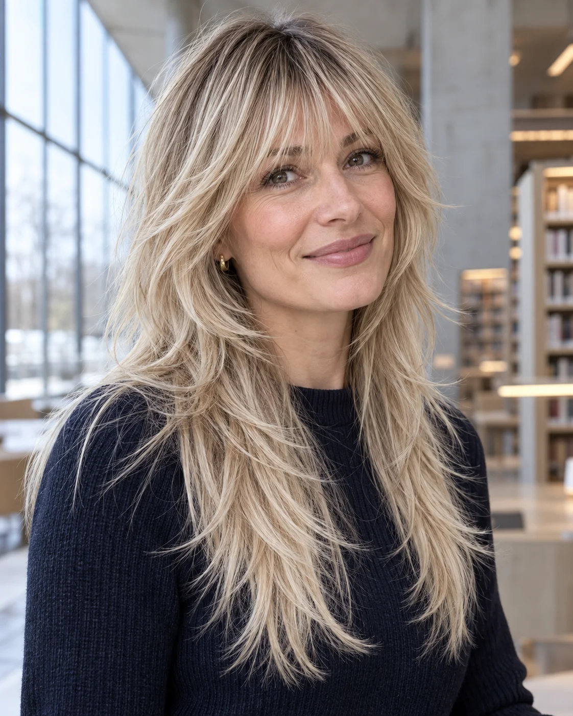 Blond lang shag med lange layers og myk lugg, balayage-effekt i håret.