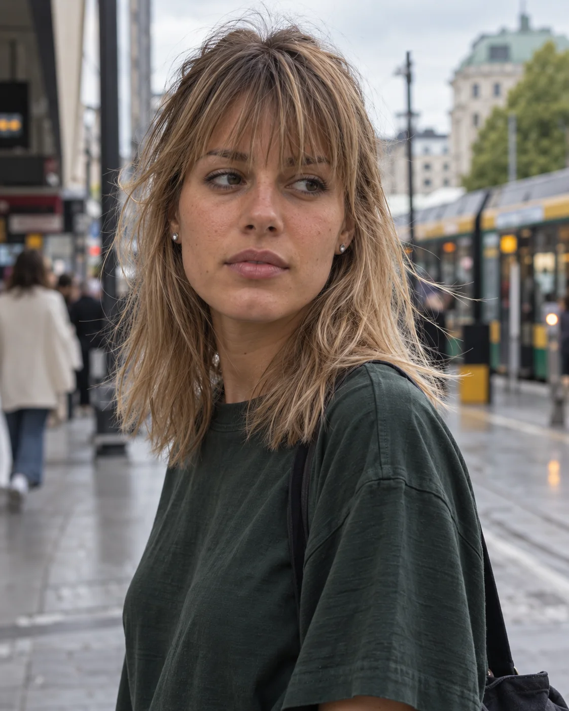 Blond sombre shag med lugg, halvlangt hår, teksturert og ustelt finish