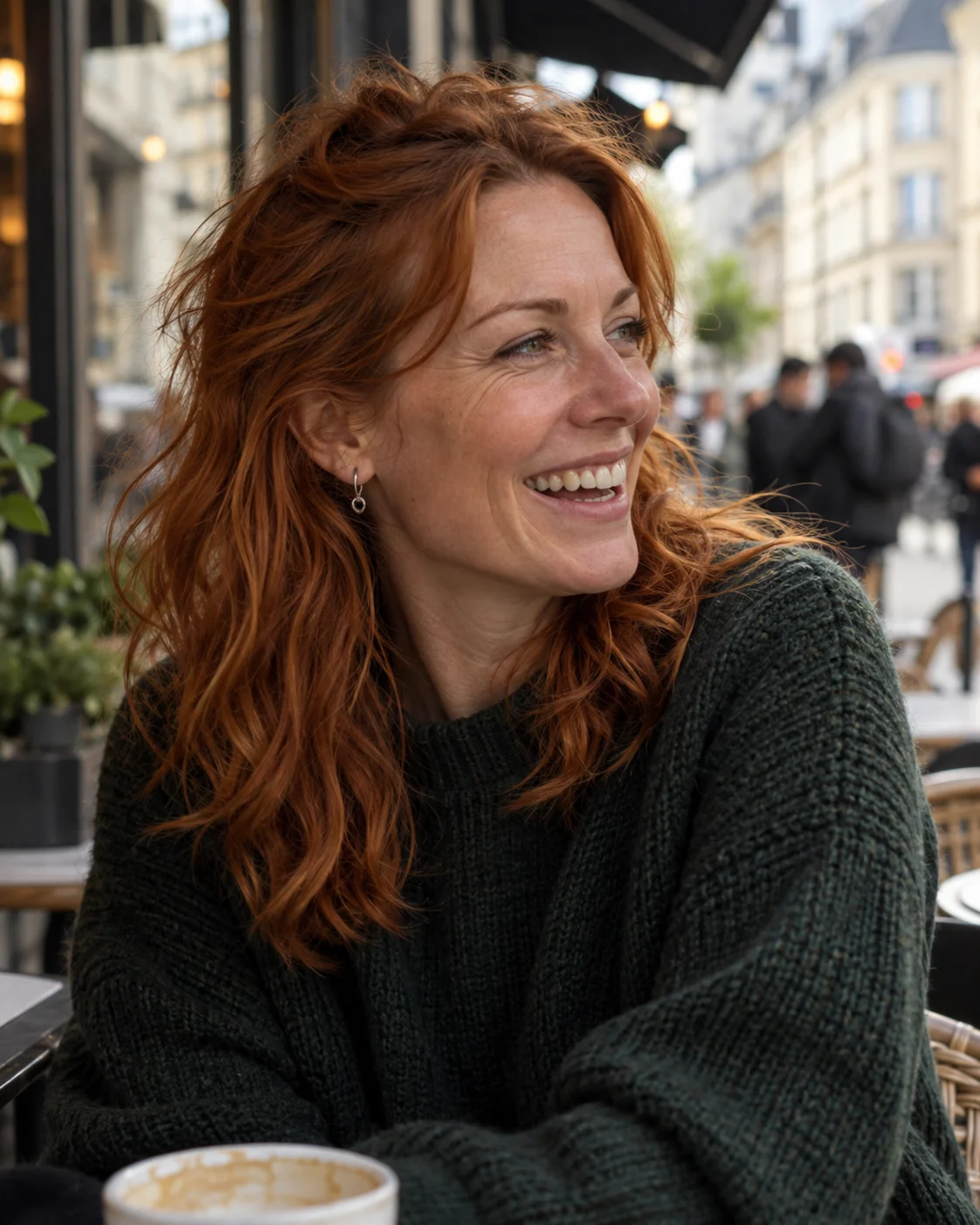 Langt ginger hår med shag-klipp og naturlige messy waves, utendørs.