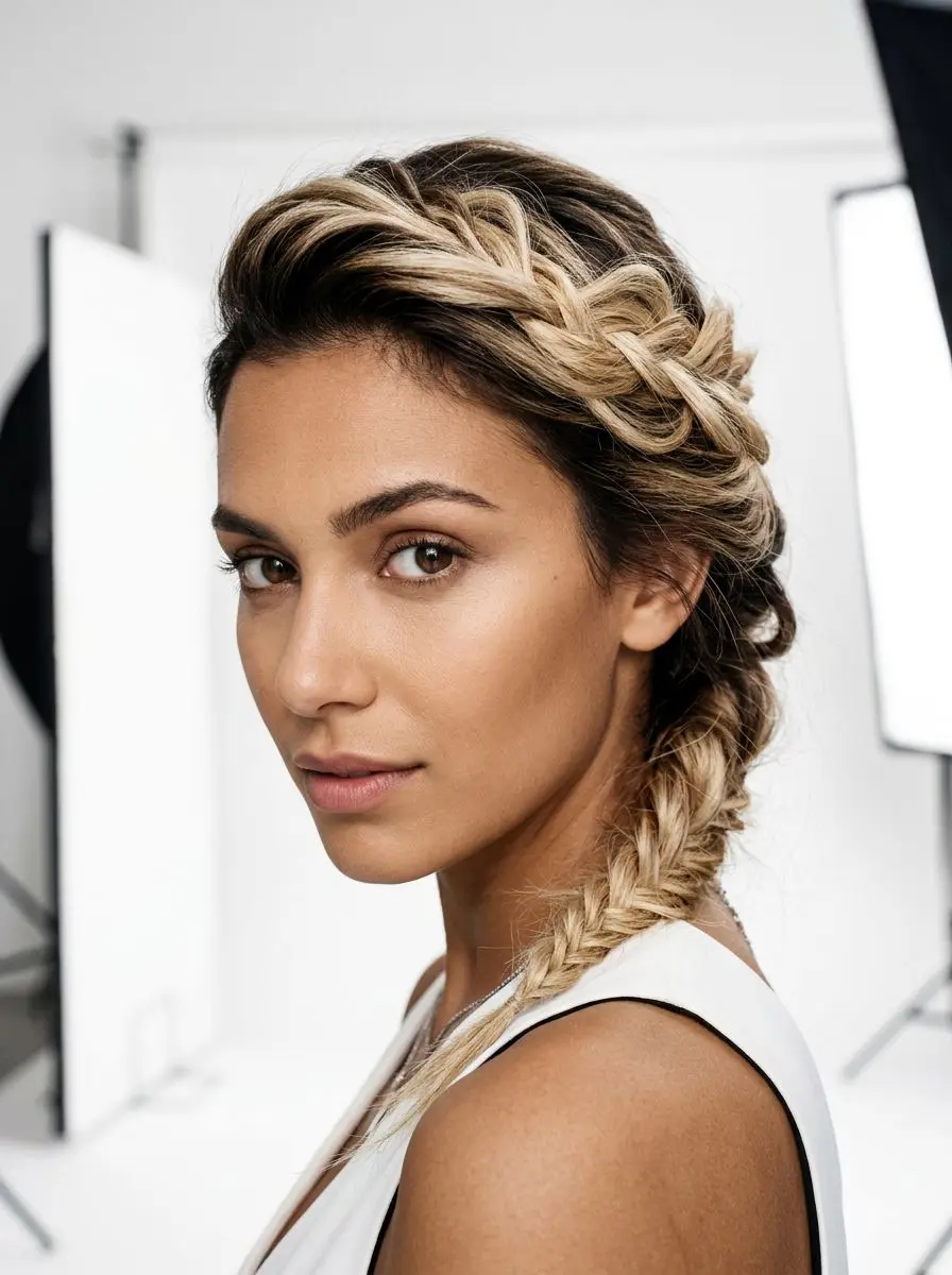 Dame med sidekjemmet fishtail-flette og balayage fra mørk rot til lys blond