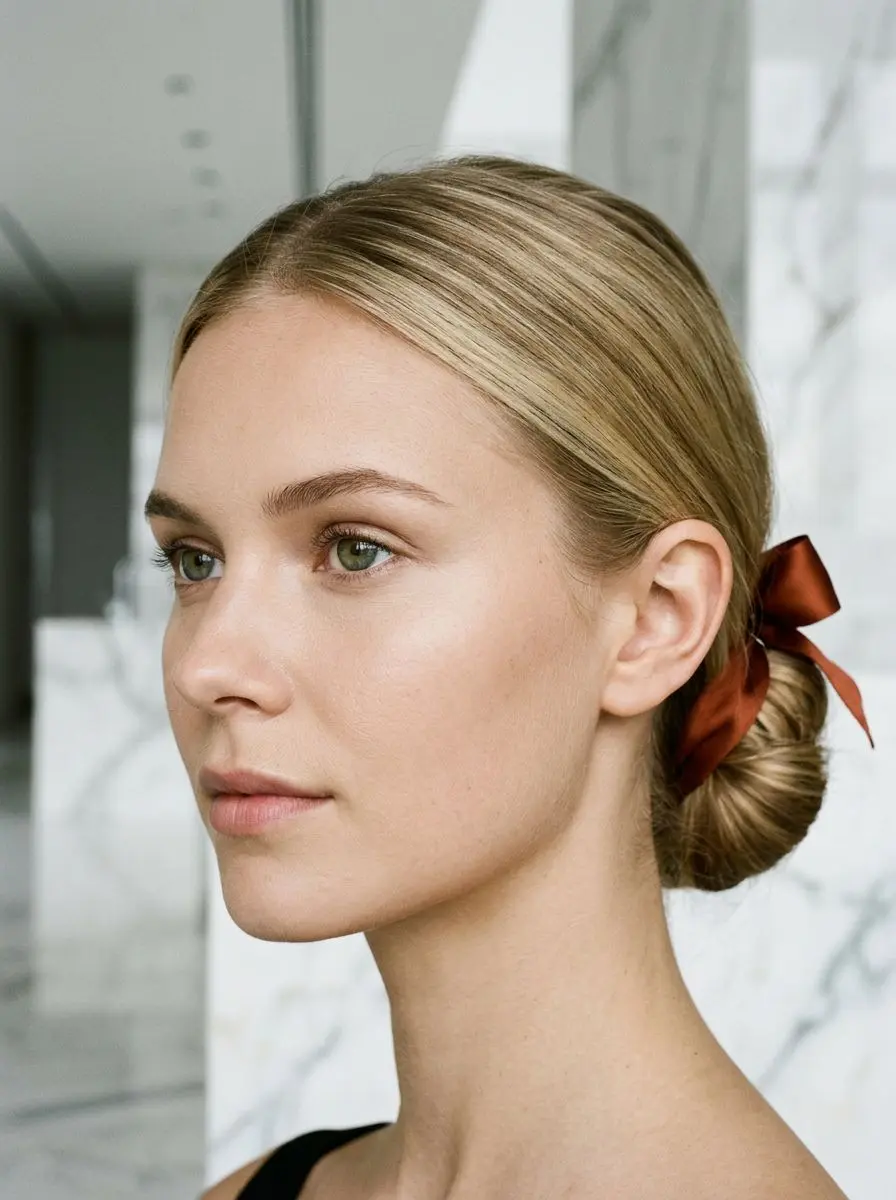 Blond dame med sleek lav knute og rustbrun satinsløyfe