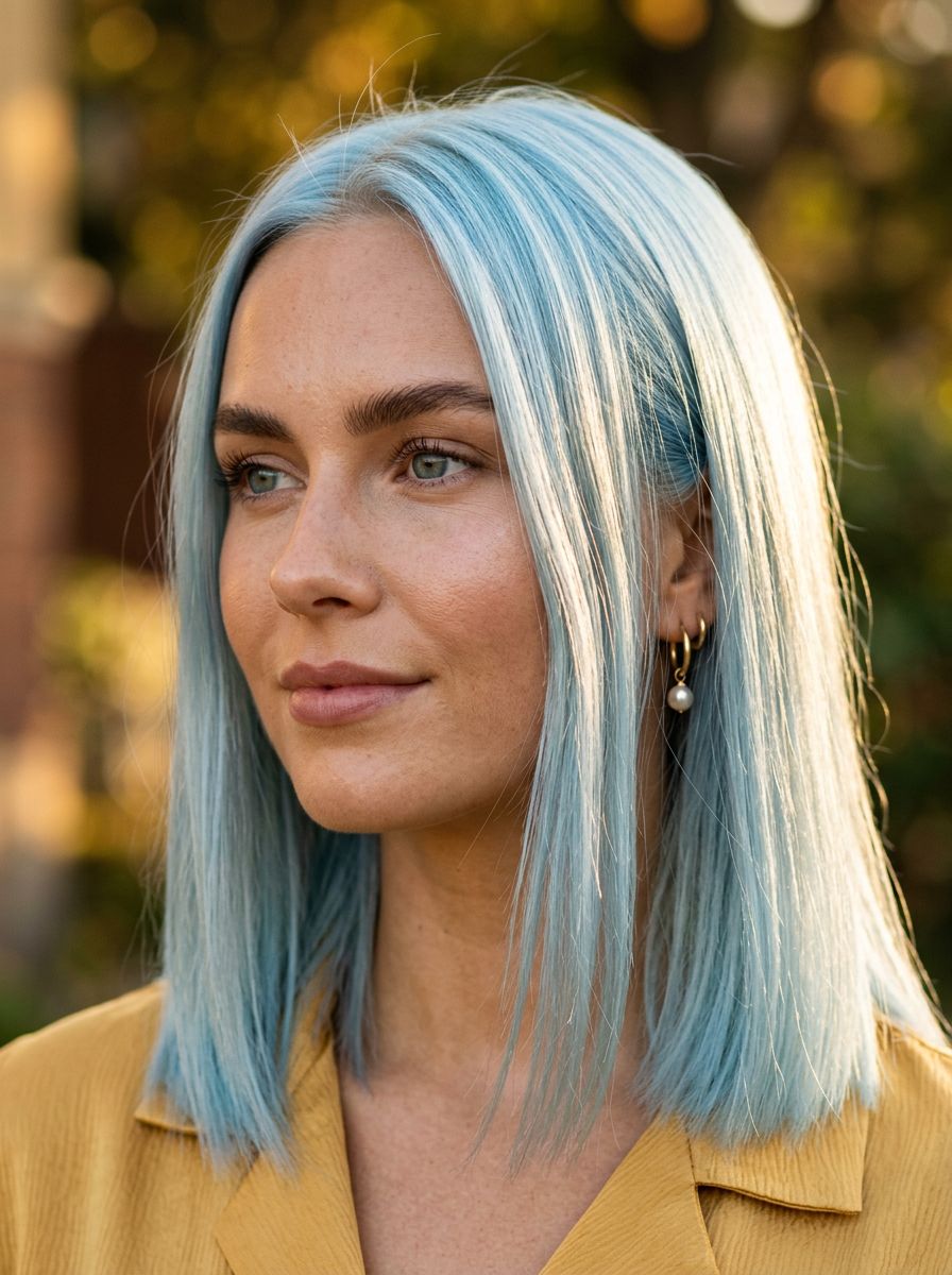 Dame med sleek isblå lob med hvite highlights og midtskill