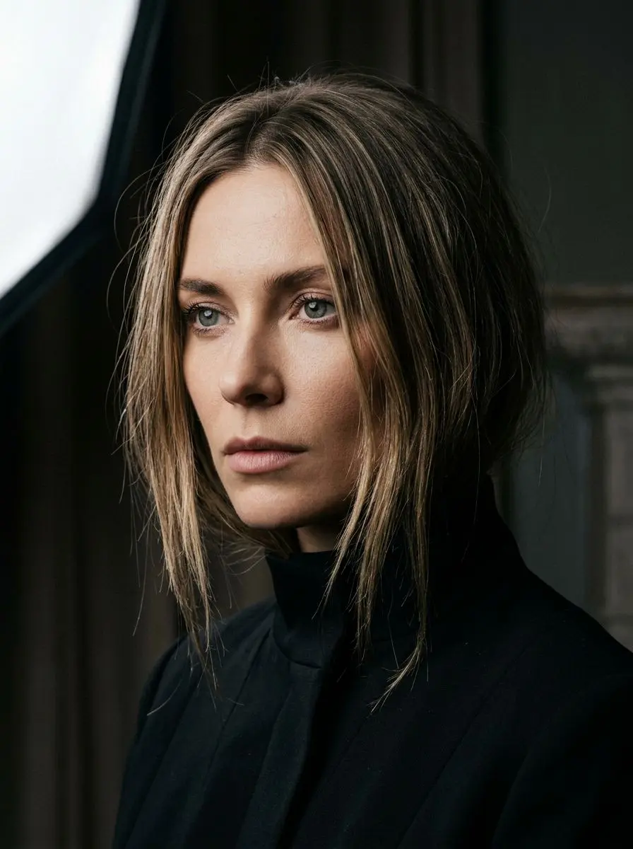 Halvlang bob med midtskill, bronde babylights og teksturerte spisser.