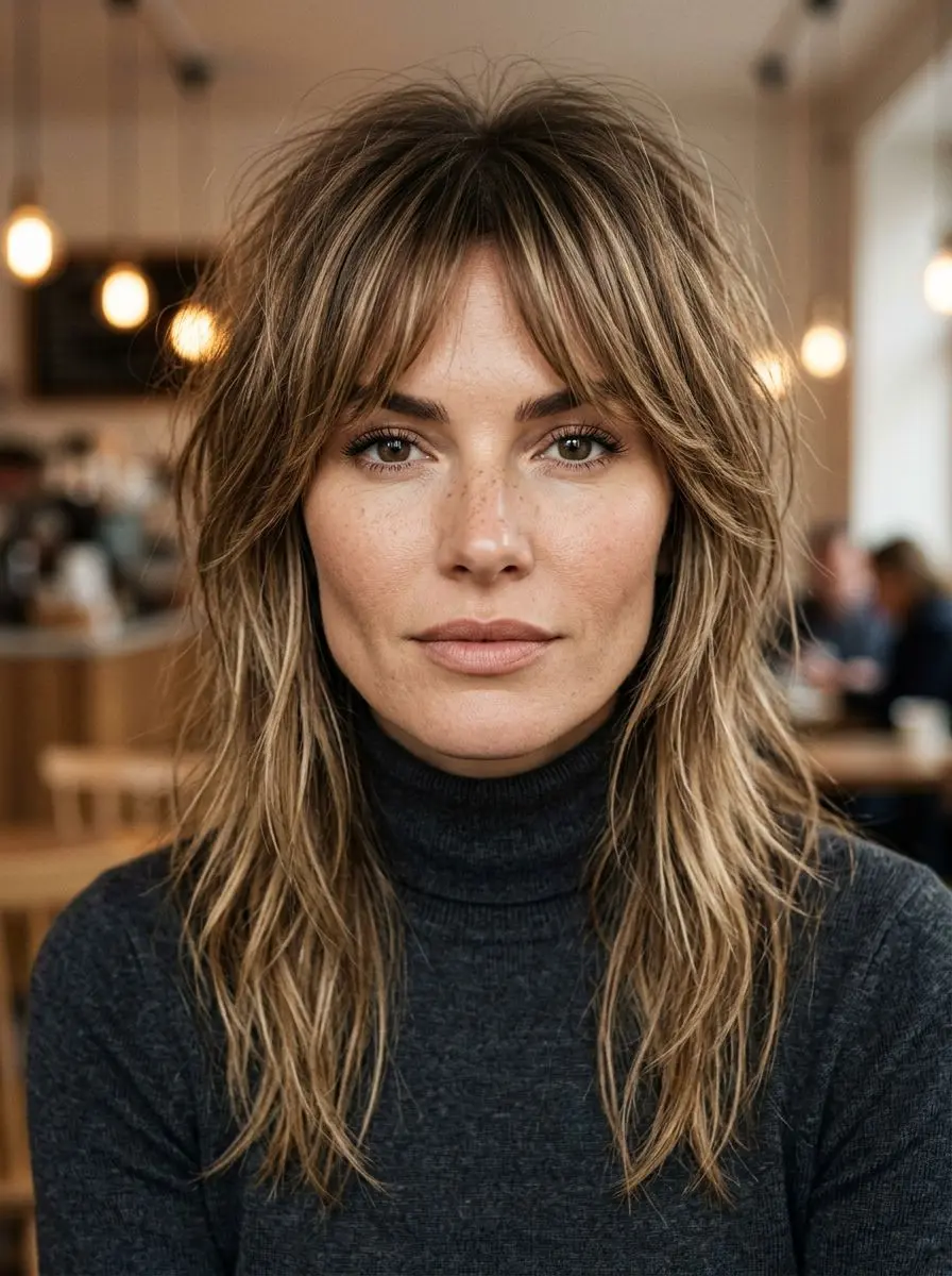 Lang shag med curtain bangs og bronde balayage, lett bølgete tekstur