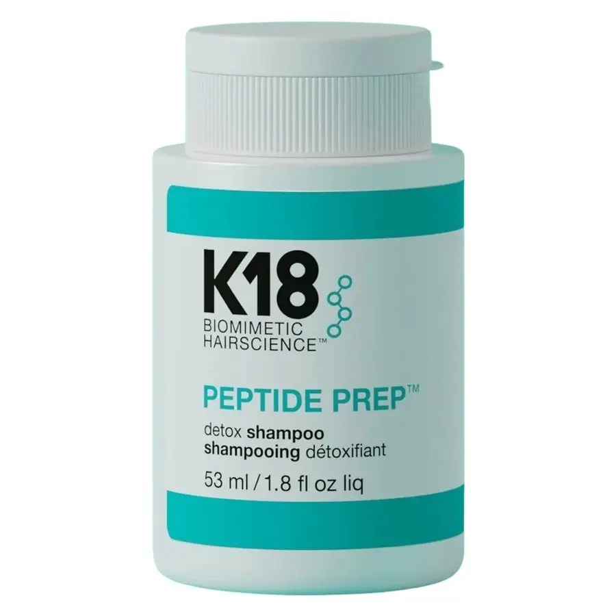 K18 Peptide Prep Detox Shampoo 53ml flaske med turkis etikett fra K18 Biomimetic Hairscience håromsorgslinje.