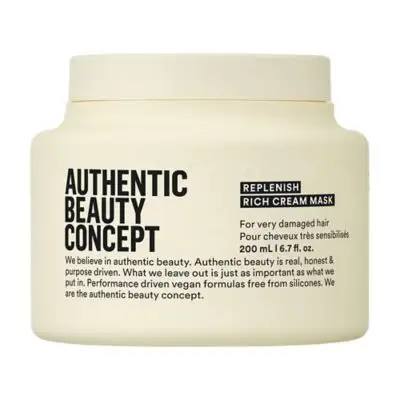 Authentic Beauty Concept Replenish Rich Cream Mask for damaged hair in cream jar.