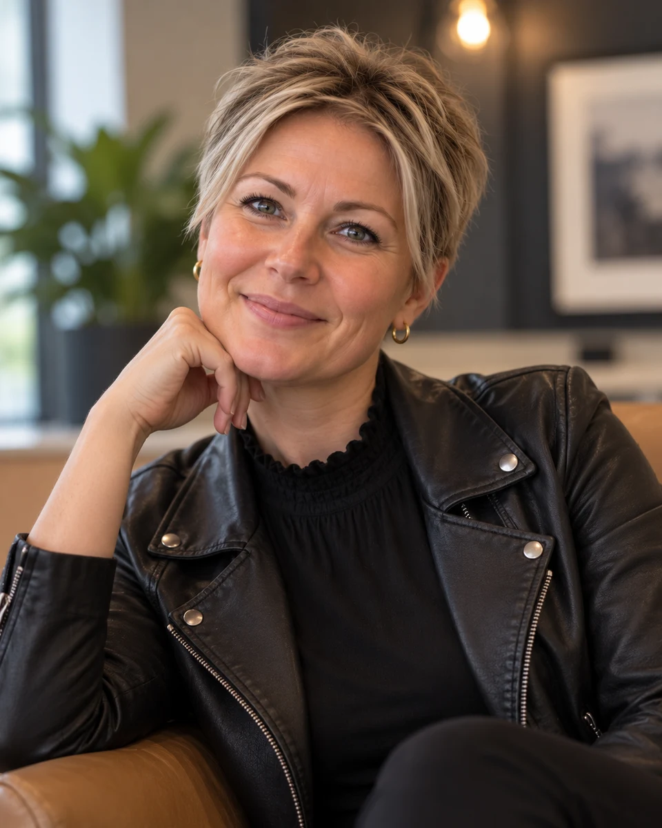 Samme kvinne med kort, teksturert pixie