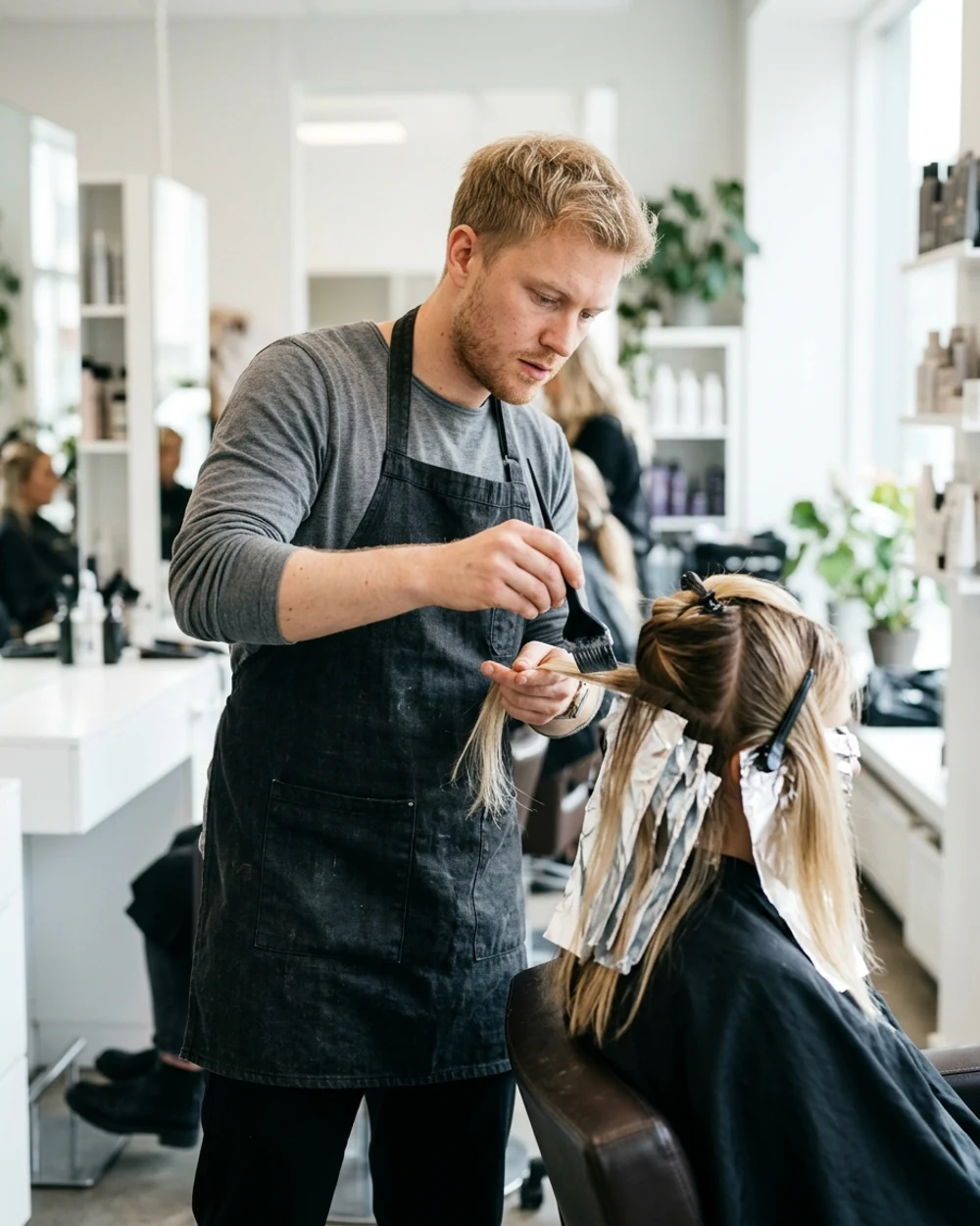 Frisør som påfører hårfarge med folie