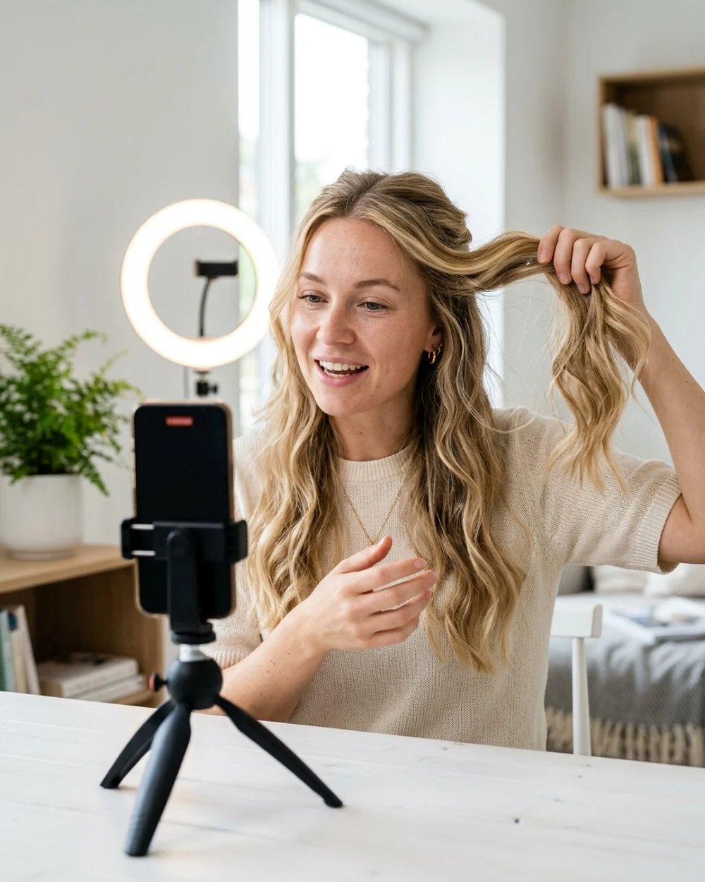 Hår-blogger som filmer en frisyre-tutorial med ringlys