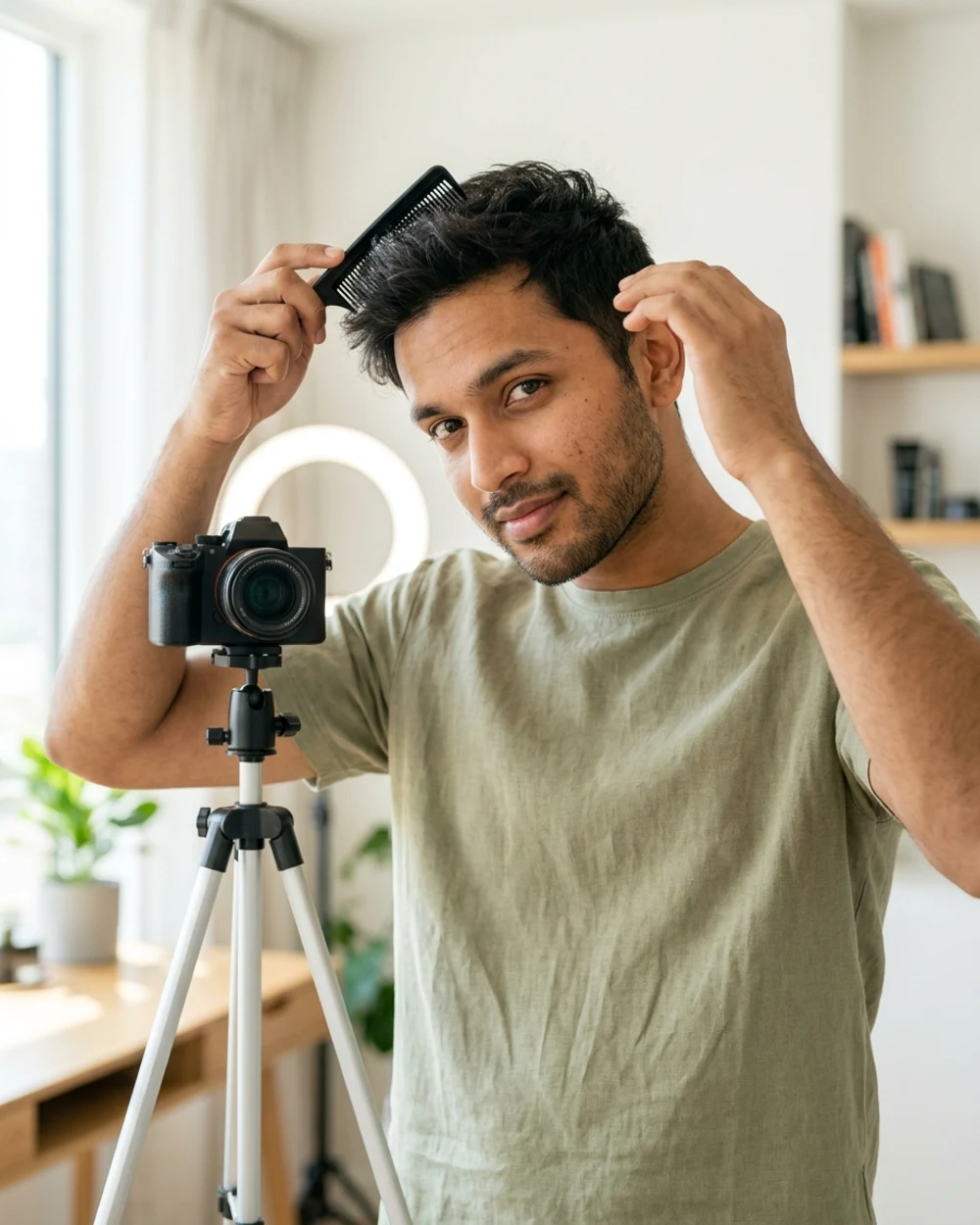 Content creator som filmer en hårstyling-video